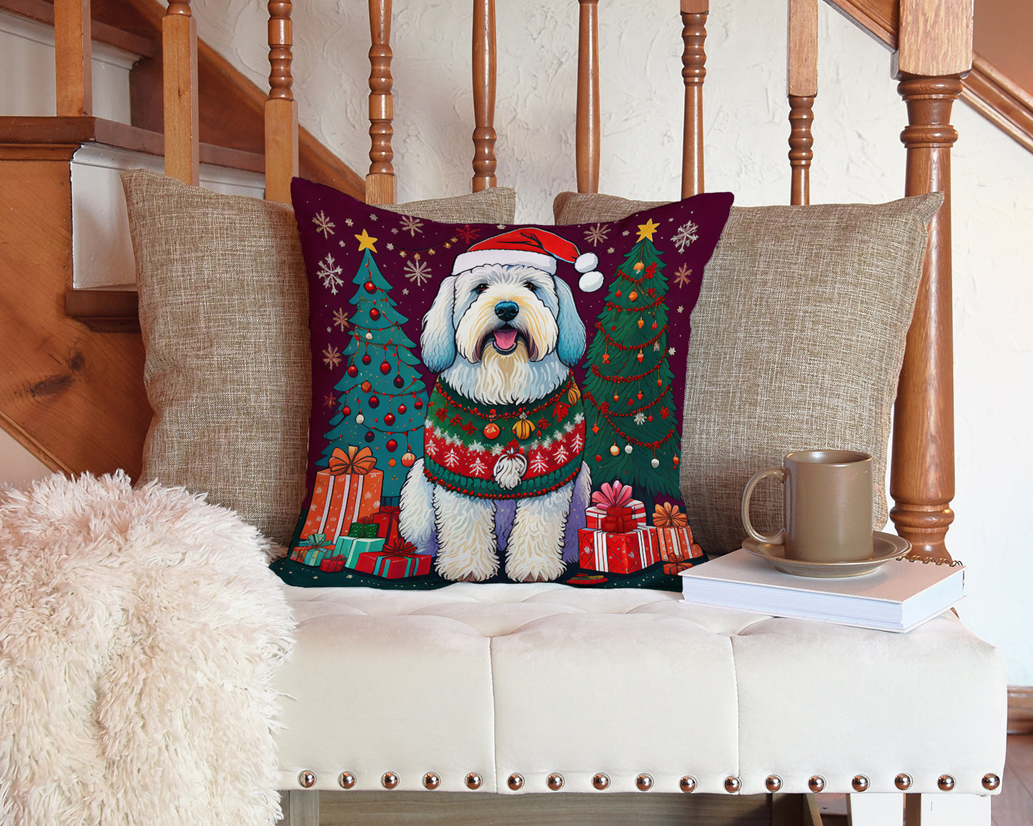 Old English Sheepdog Christmas Throw Pillow