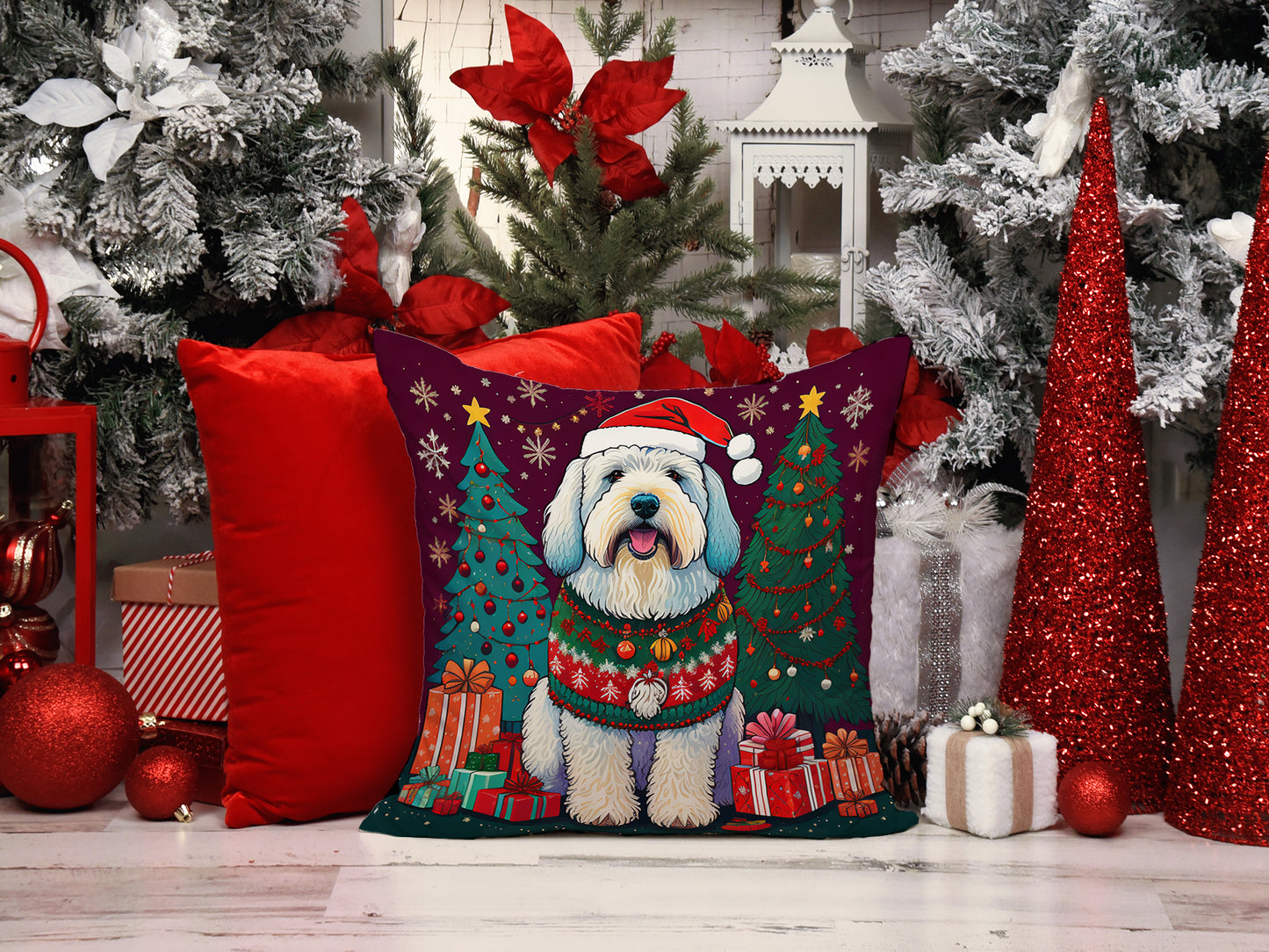 Old English Sheepdog Christmas Throw Pillow