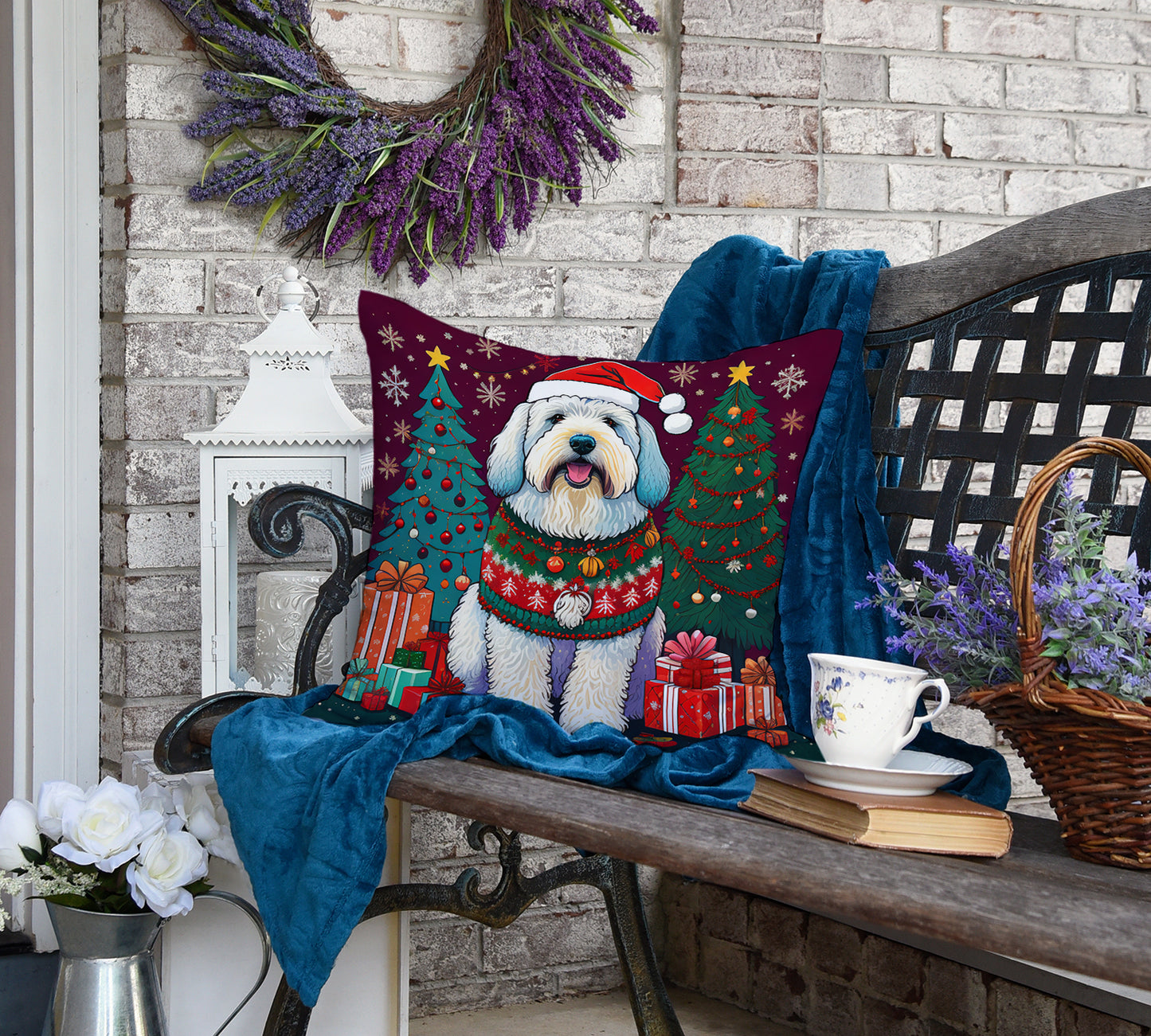 Old English Sheepdog Christmas Throw Pillow