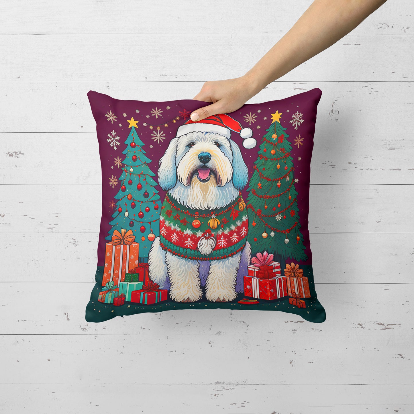 Old English Sheepdog Christmas Throw Pillow