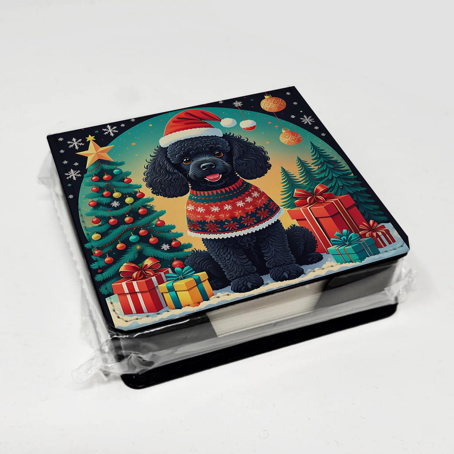 Black Toy Poodle Christmas PU Leather Note Paper Holder