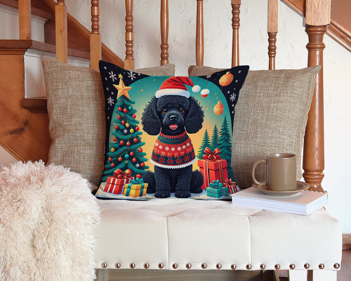 Black Toy Poodle Christmas Throw Pillow