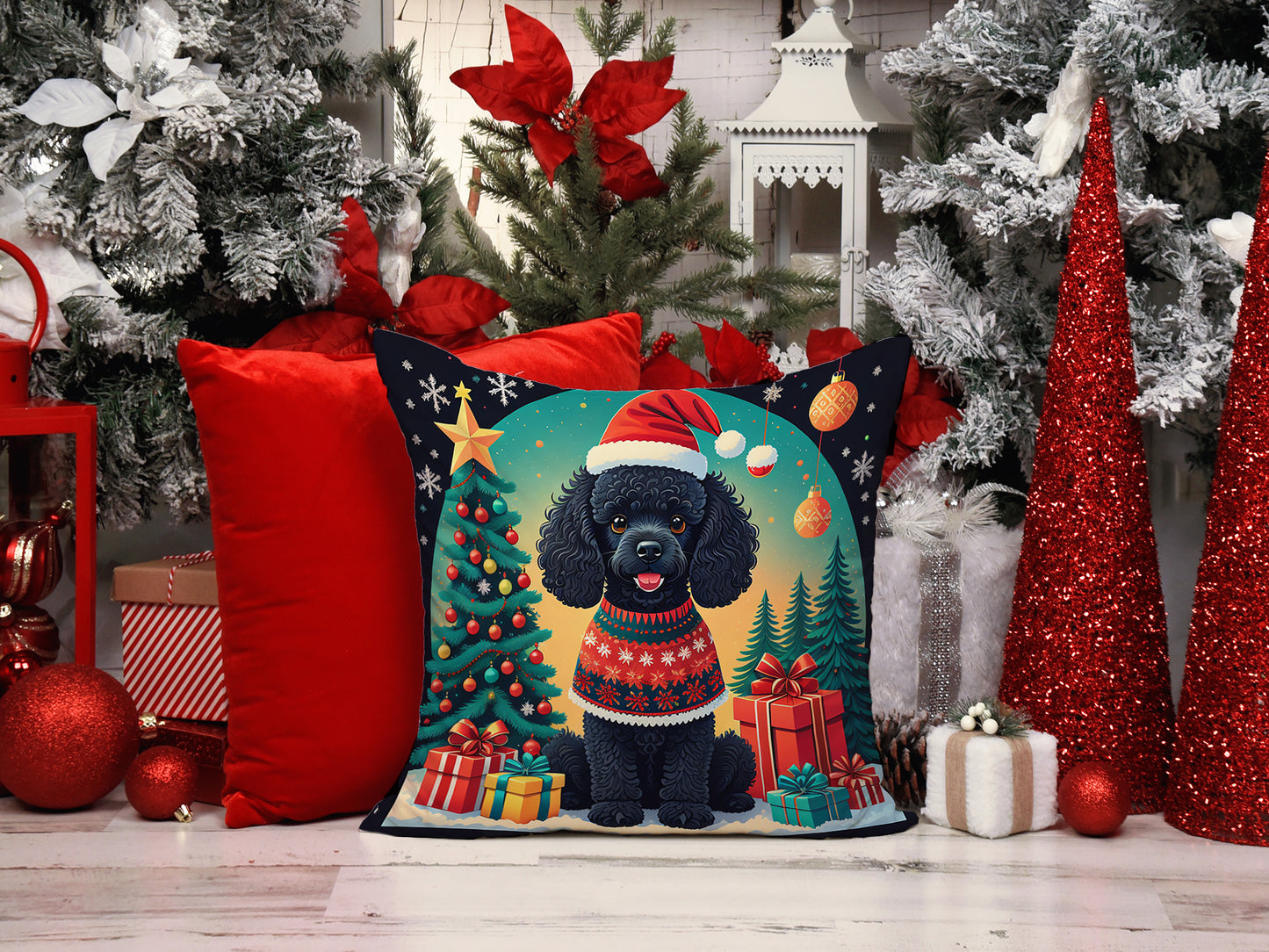 Black Toy Poodle Christmas Throw Pillow