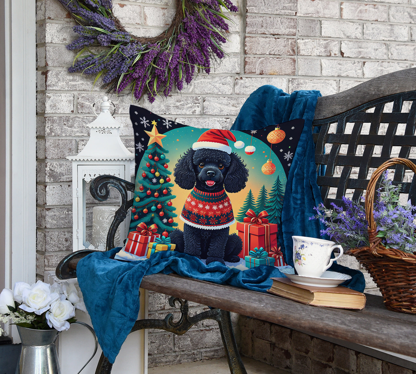 Black Toy Poodle Christmas Throw Pillow