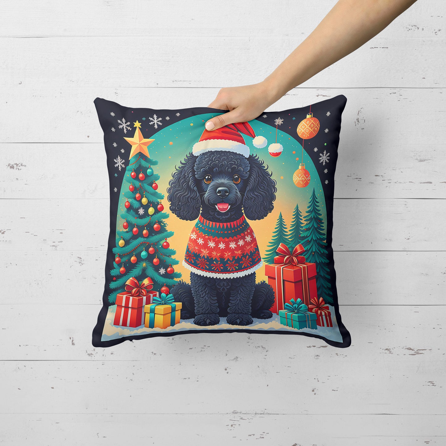 Black Toy Poodle Christmas Throw Pillow