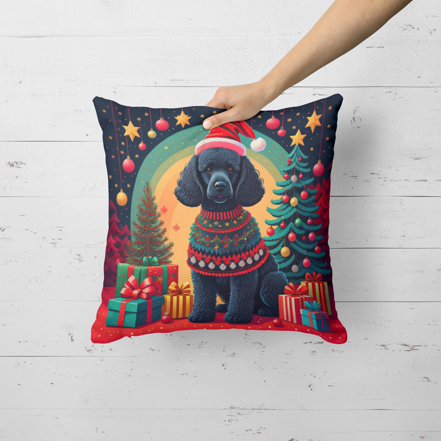 Black  Poodle Christmas Throw Pillow