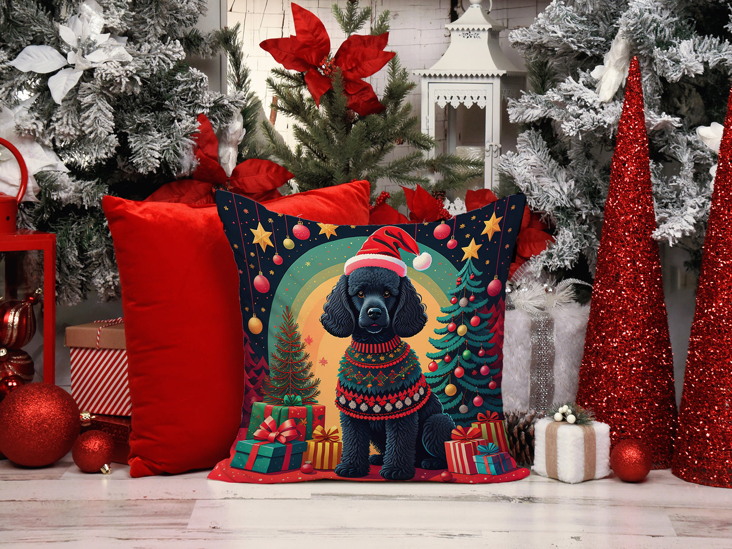 Black  Poodle Christmas Throw Pillow