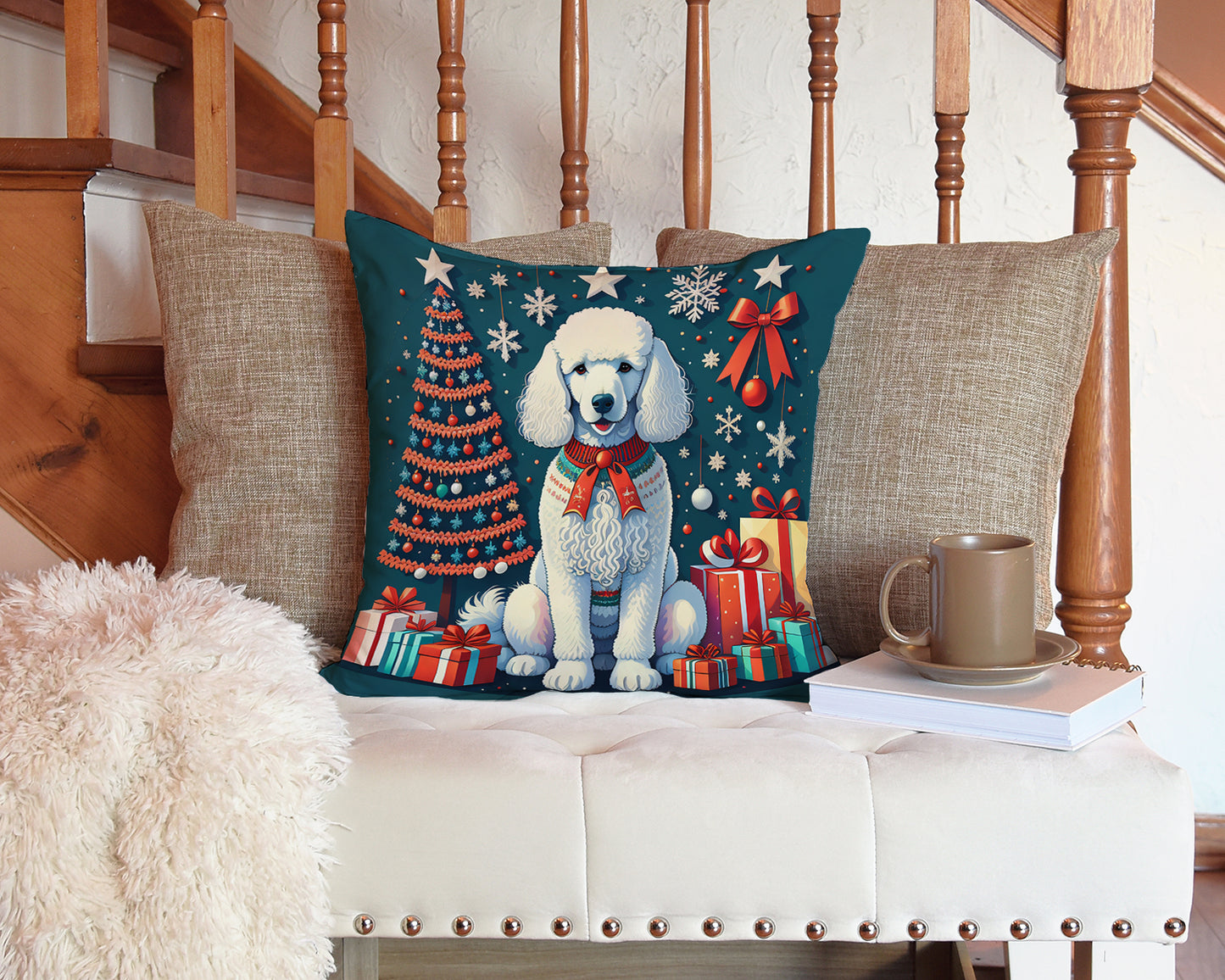 White Poodle Christmas Throw Pillow