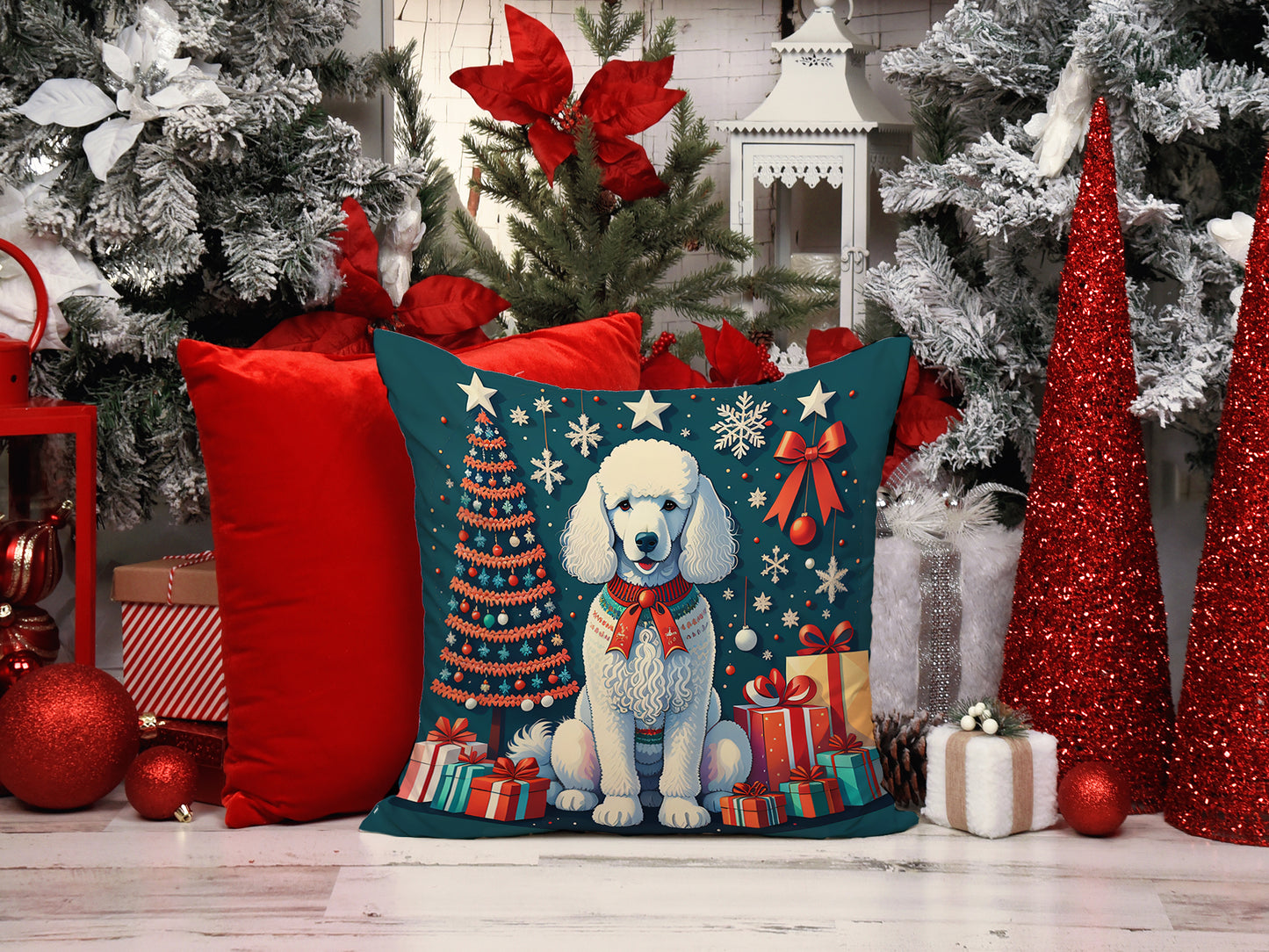 White Poodle Christmas Throw Pillow