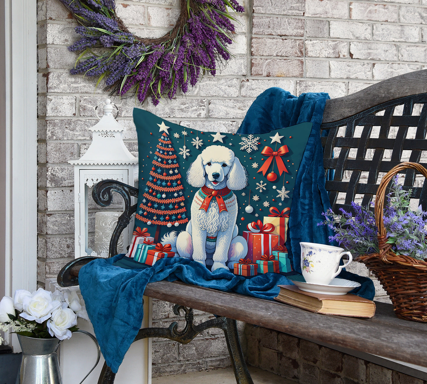 White Poodle Christmas Throw Pillow