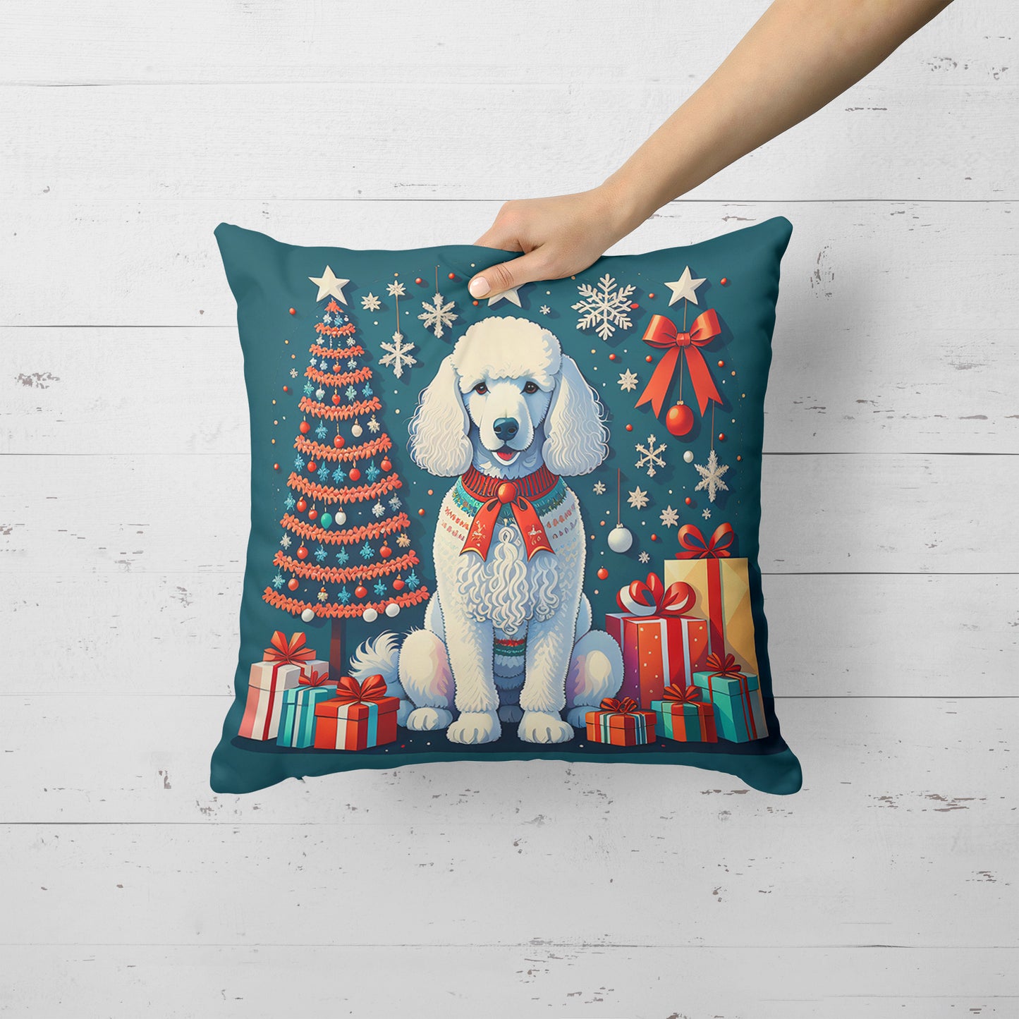 White Poodle Christmas Throw Pillow