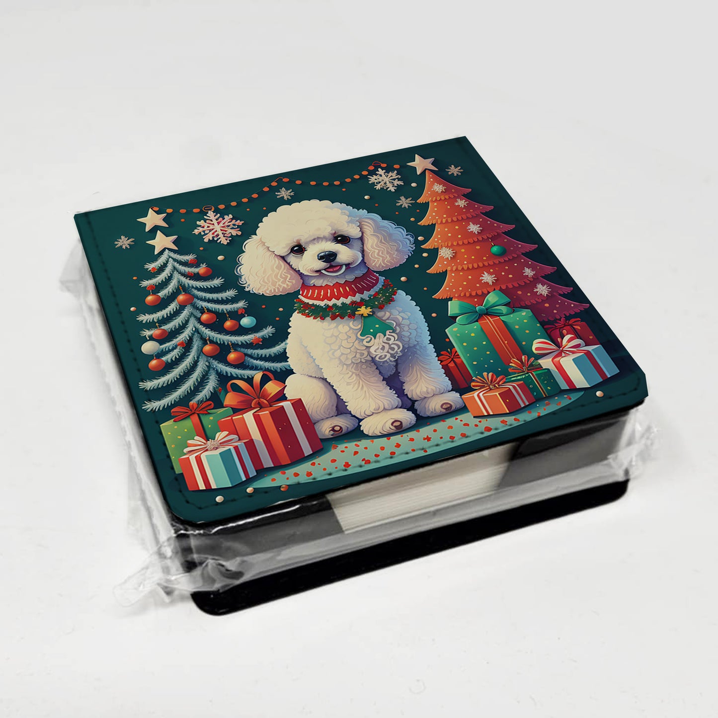 White Toy Poodle Christmas PU Leather Note Paper Holder