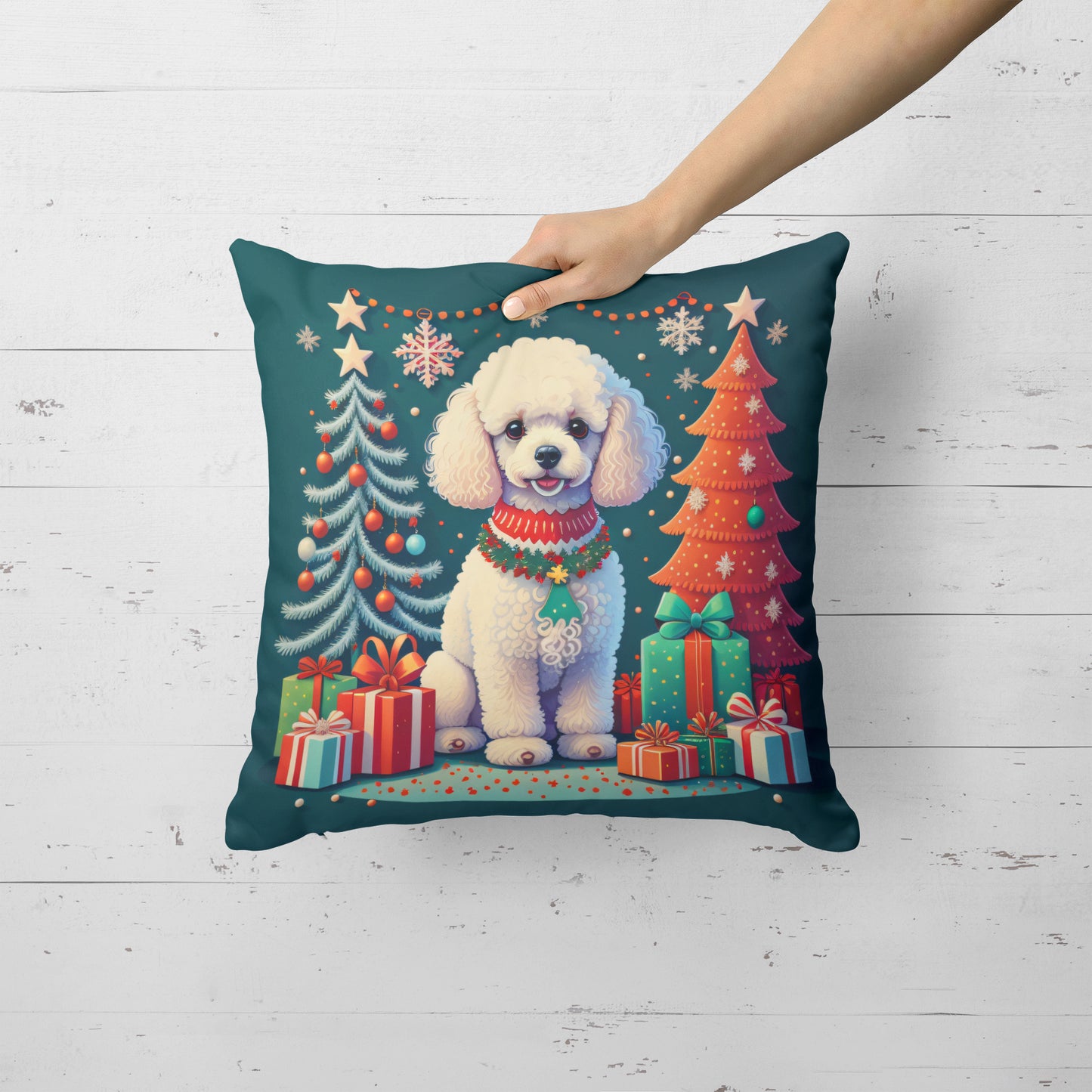 White Toy Poodle Christmas Throw Pillow