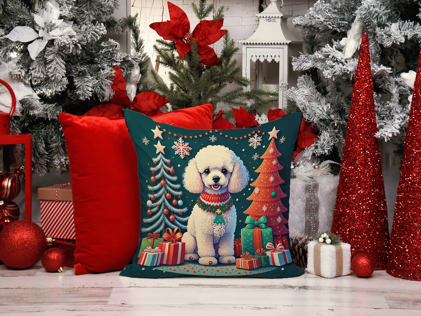 White Toy Poodle Christmas Throw Pillow