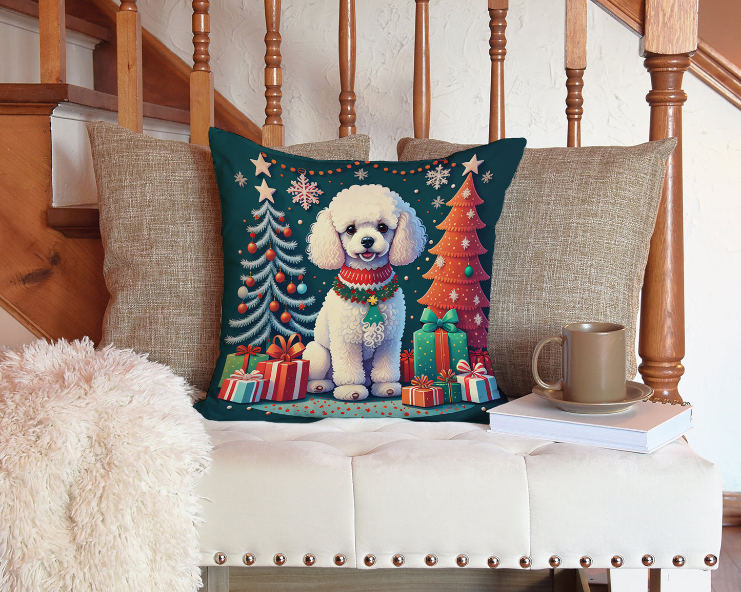 White Toy Poodle Christmas Throw Pillow