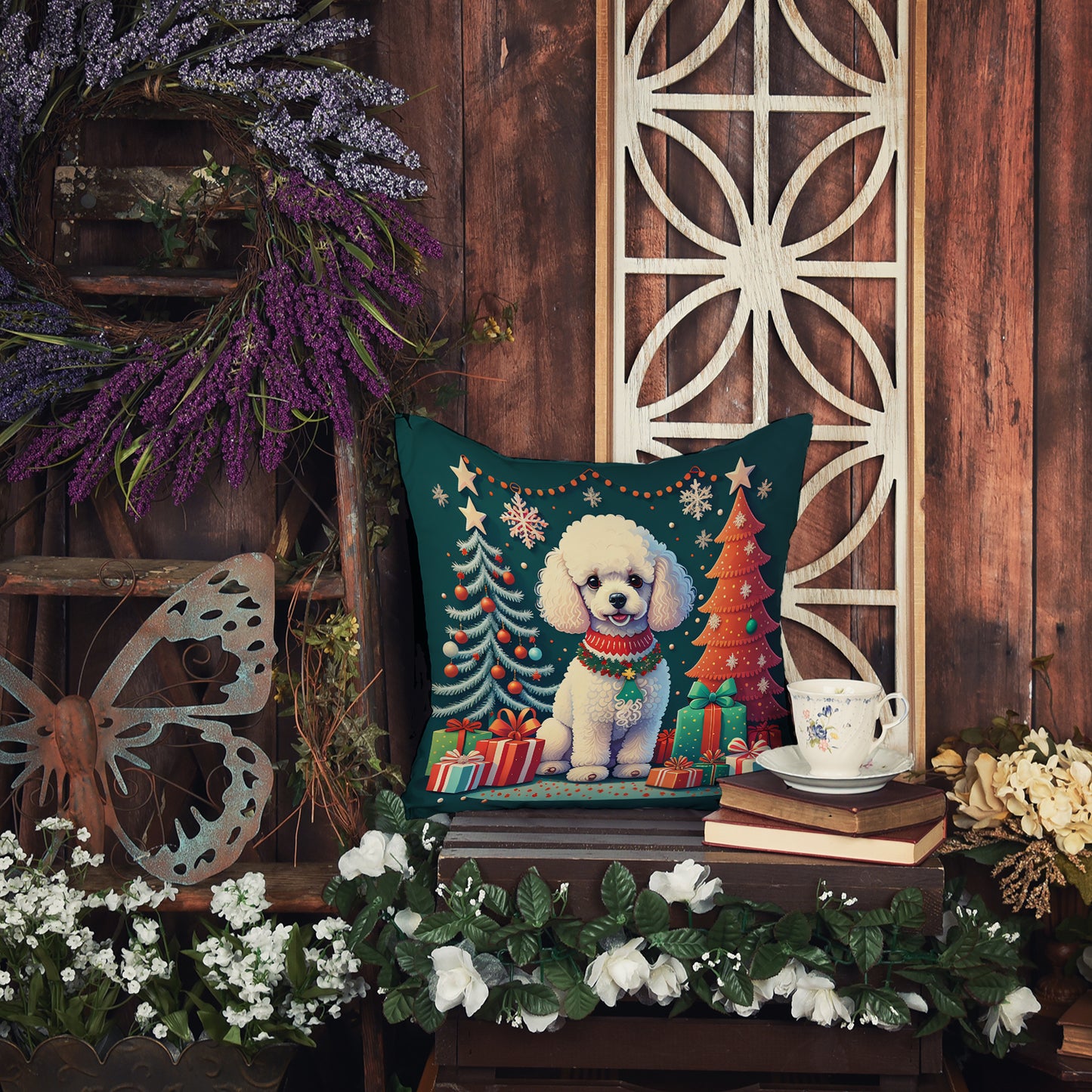 White Toy Poodle Christmas Throw Pillow