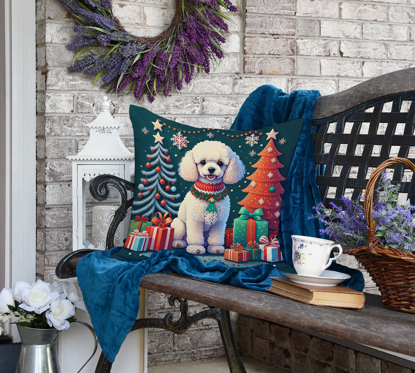 White Toy Poodle Christmas Throw Pillow