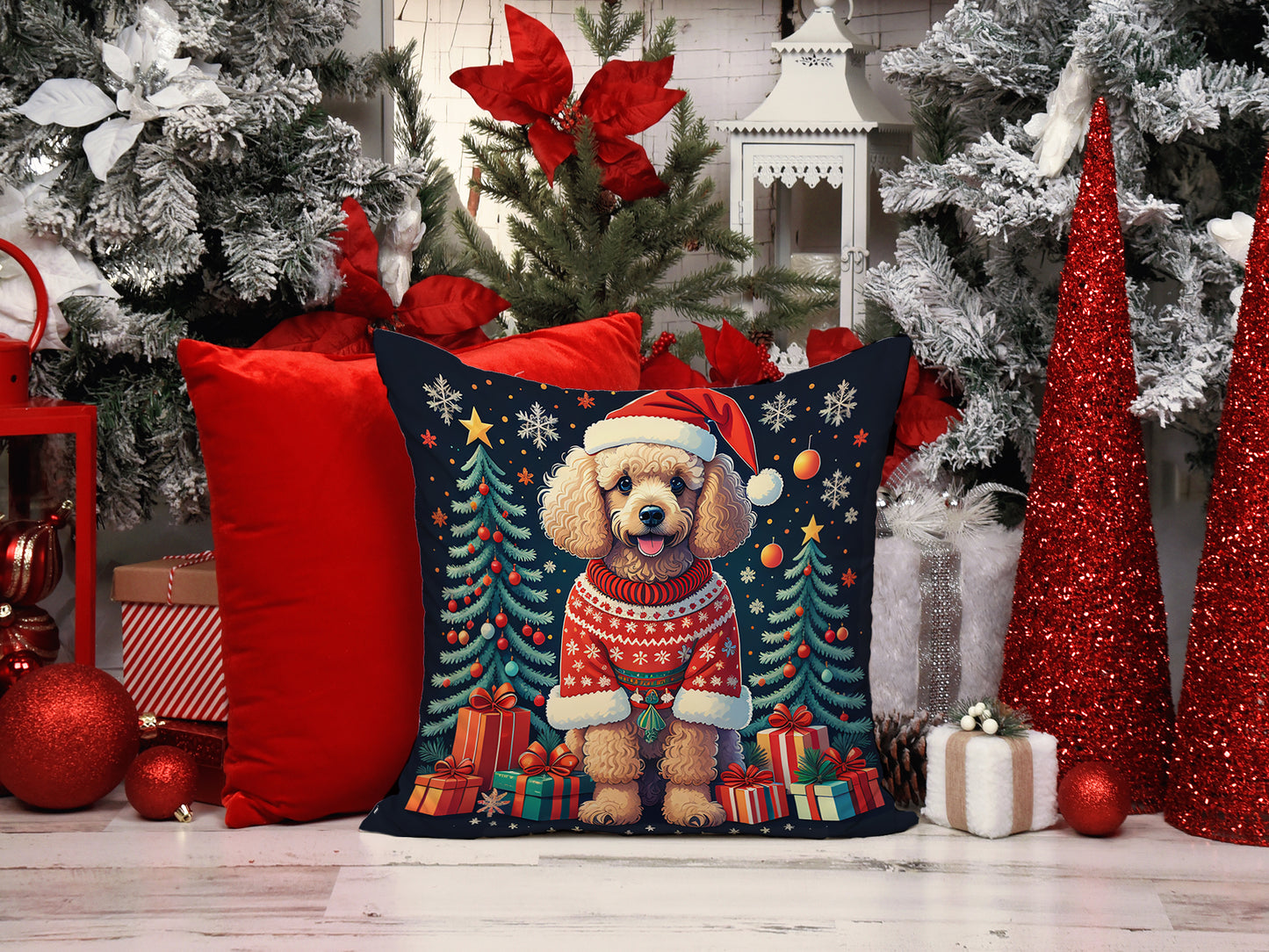 Apricot Toy Poodle Christmas Throw Pillow