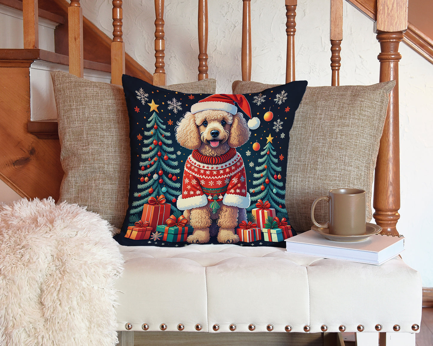 Apricot Toy Poodle Christmas Throw Pillow