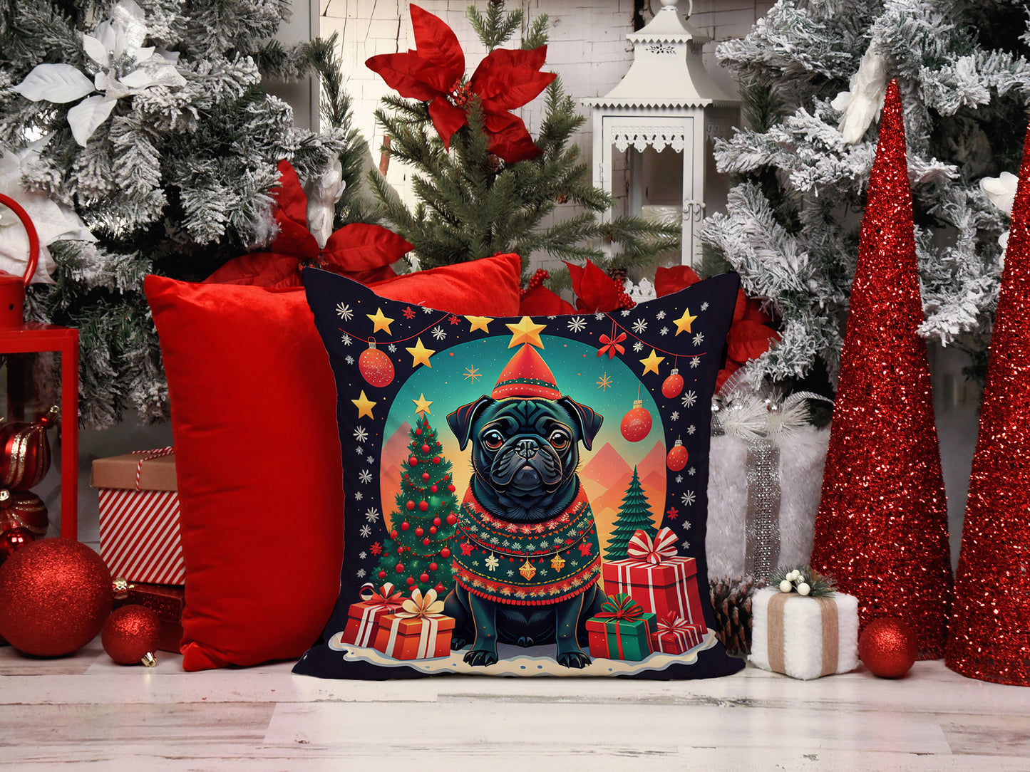 Black Pug Christmas Throw Pillow