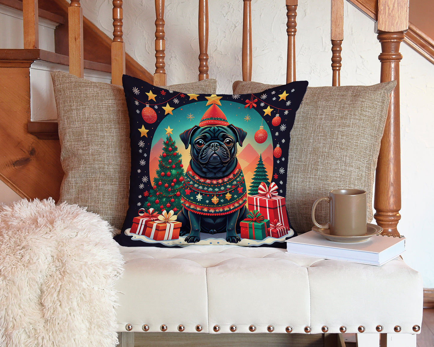 Black Pug Christmas Throw Pillow