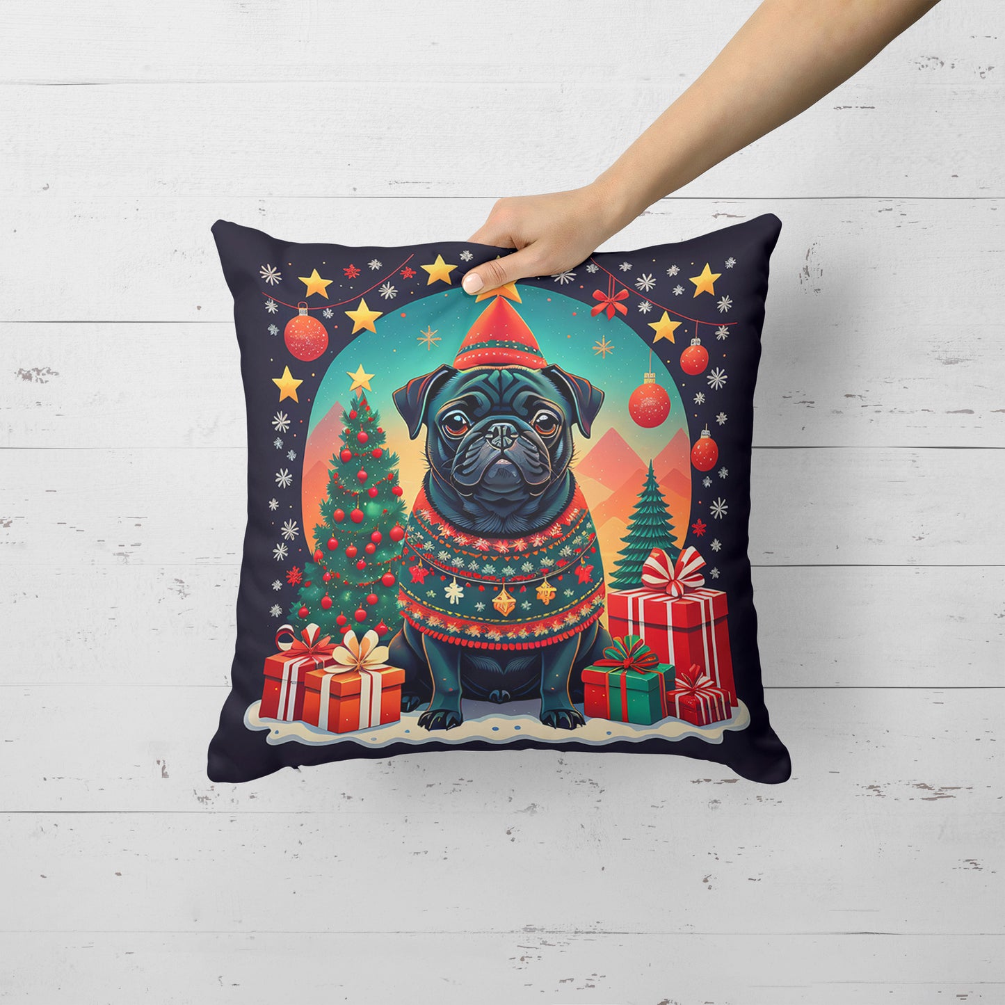 Black Pug Christmas Throw Pillow