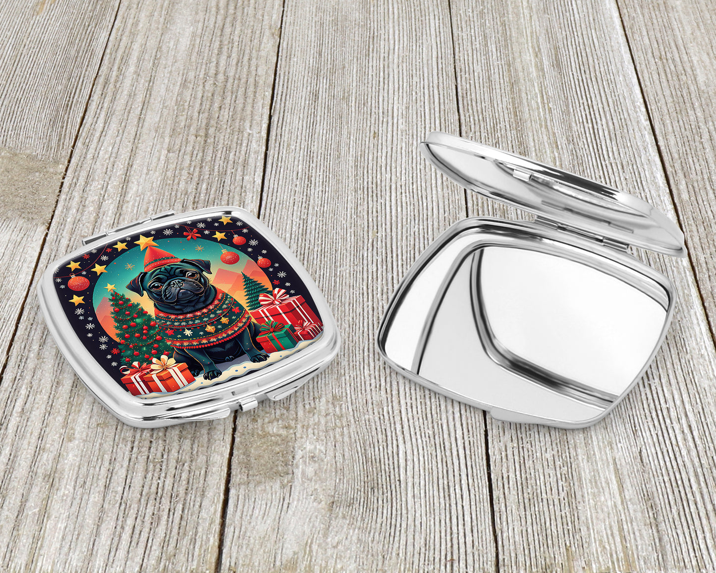 Black Pug Christmas Compact Mirror