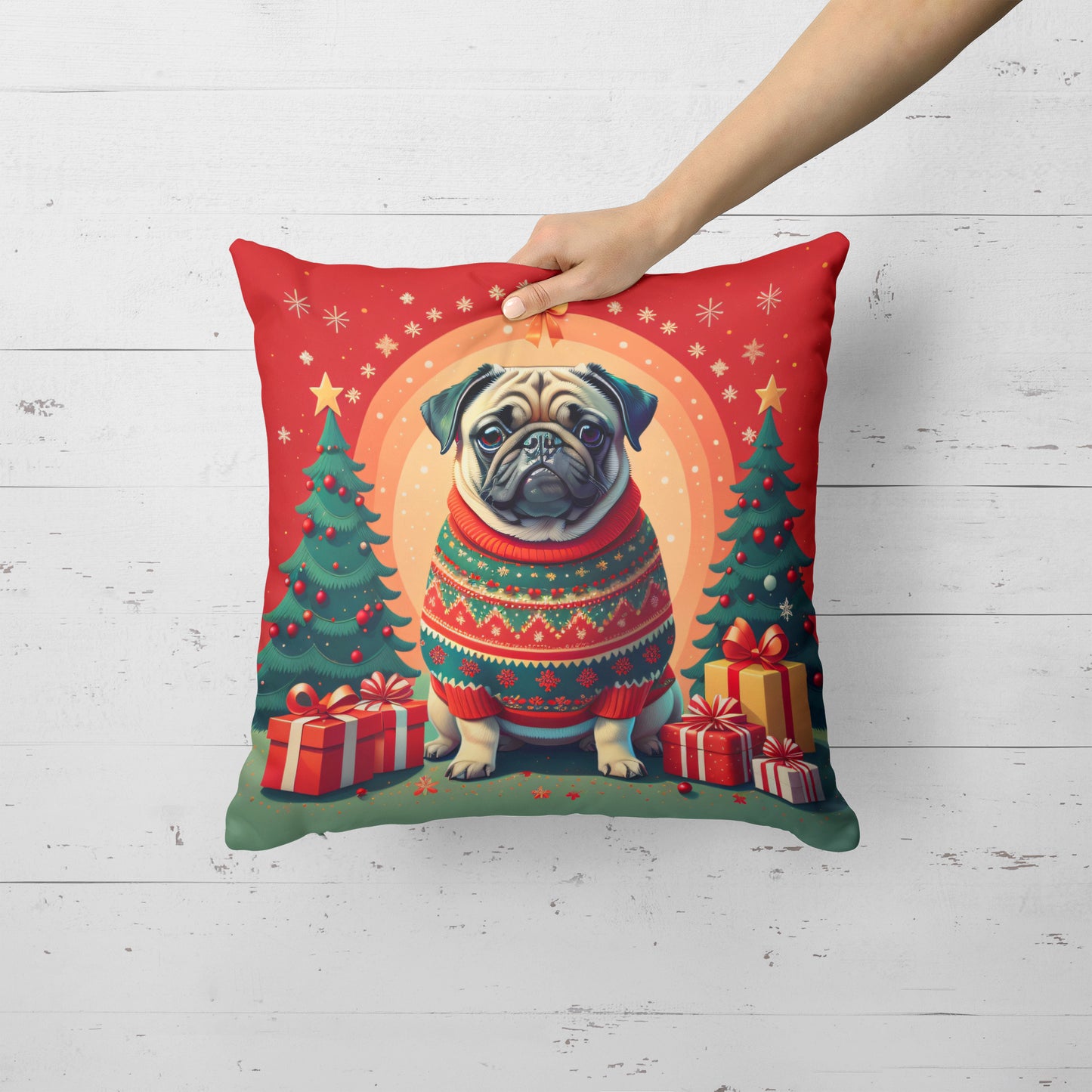 Fawn Pug Christmas Throw Pillow