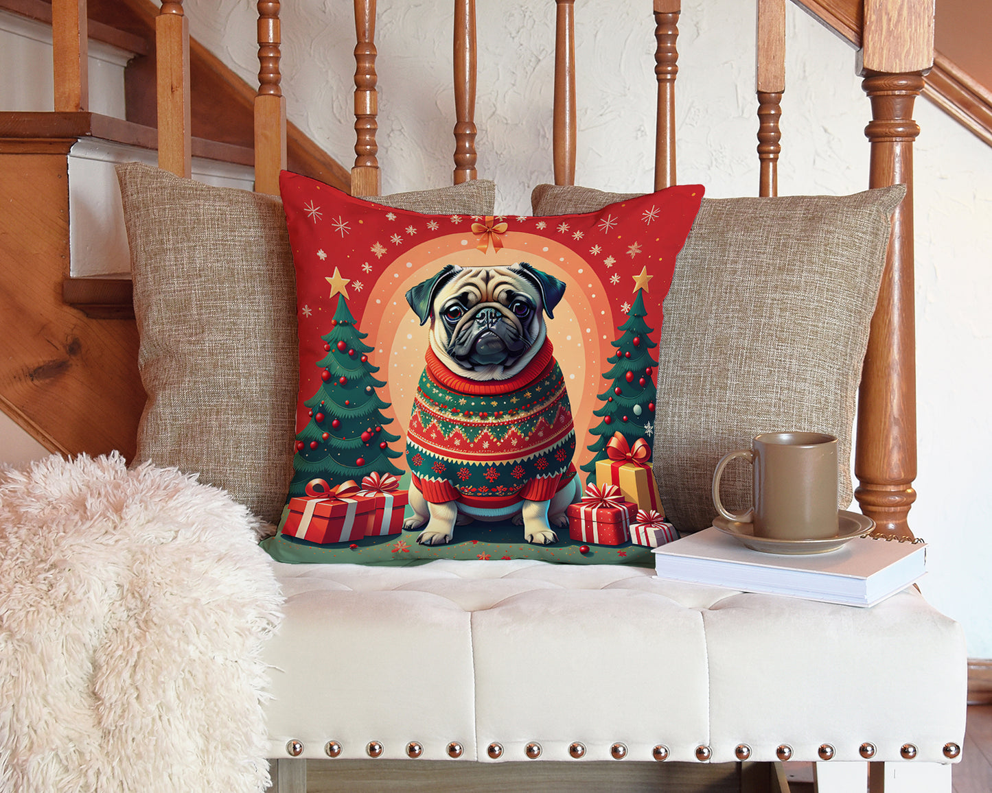 Fawn Pug Christmas Throw Pillow