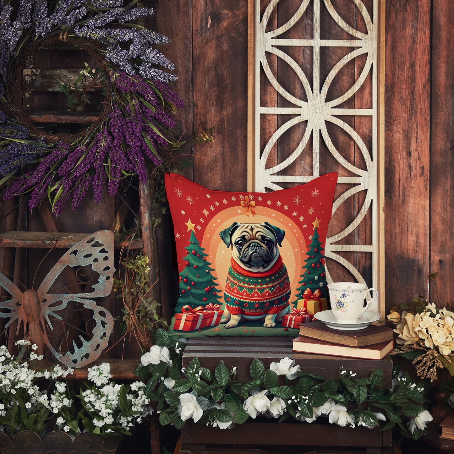 Fawn Pug Christmas Throw Pillow