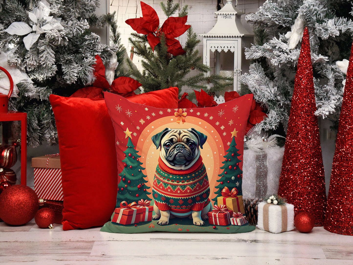 Fawn Pug Christmas Throw Pillow