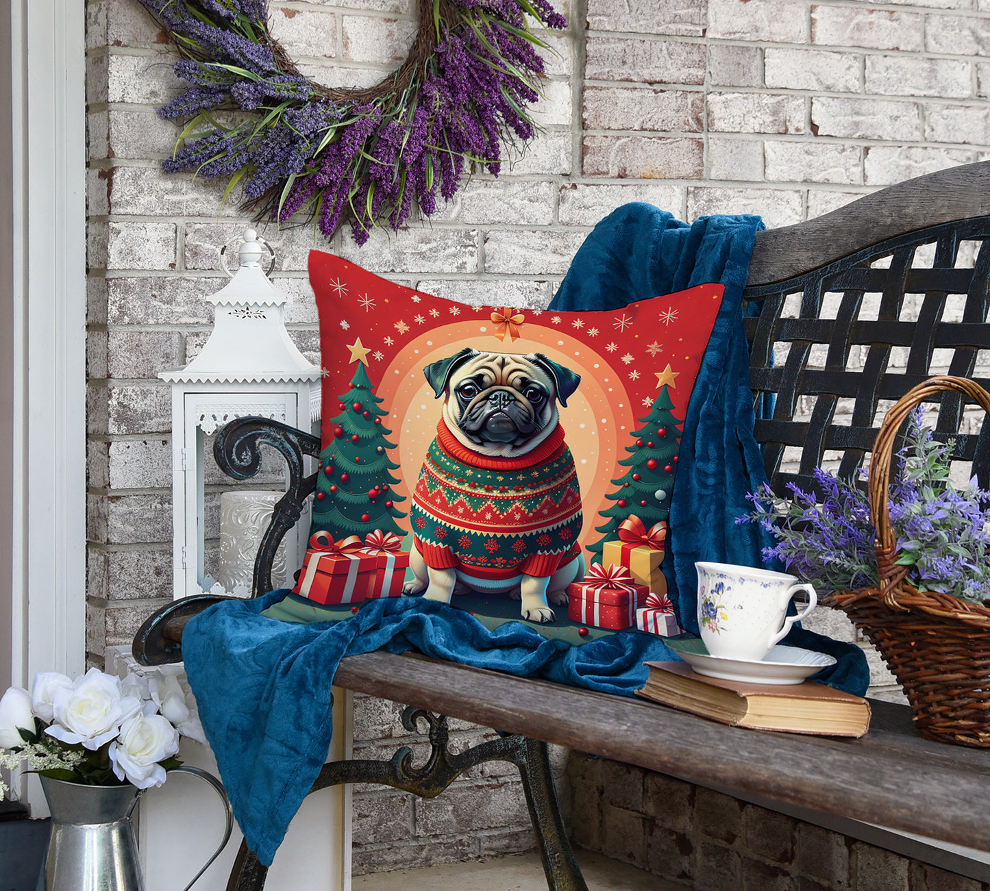 Fawn Pug Christmas Throw Pillow