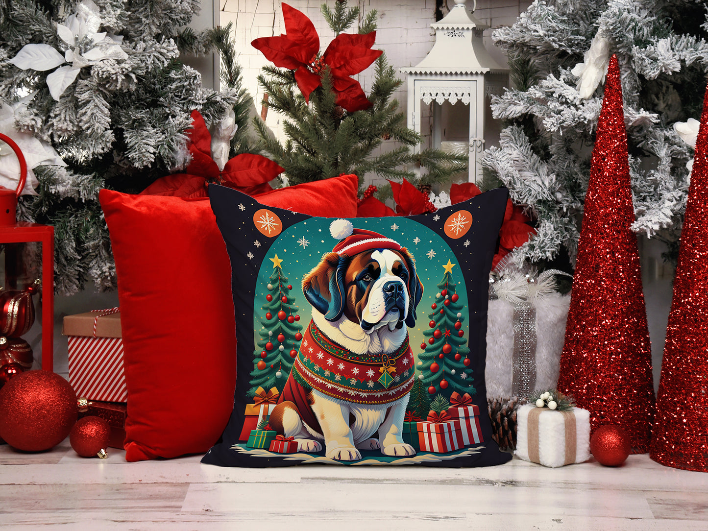 Saint Bernard Christmas Throw Pillow