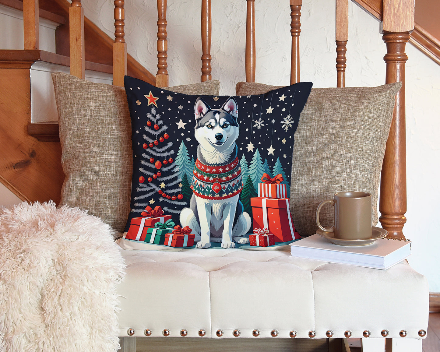 Siberian Husky Christmas Throw Pillow