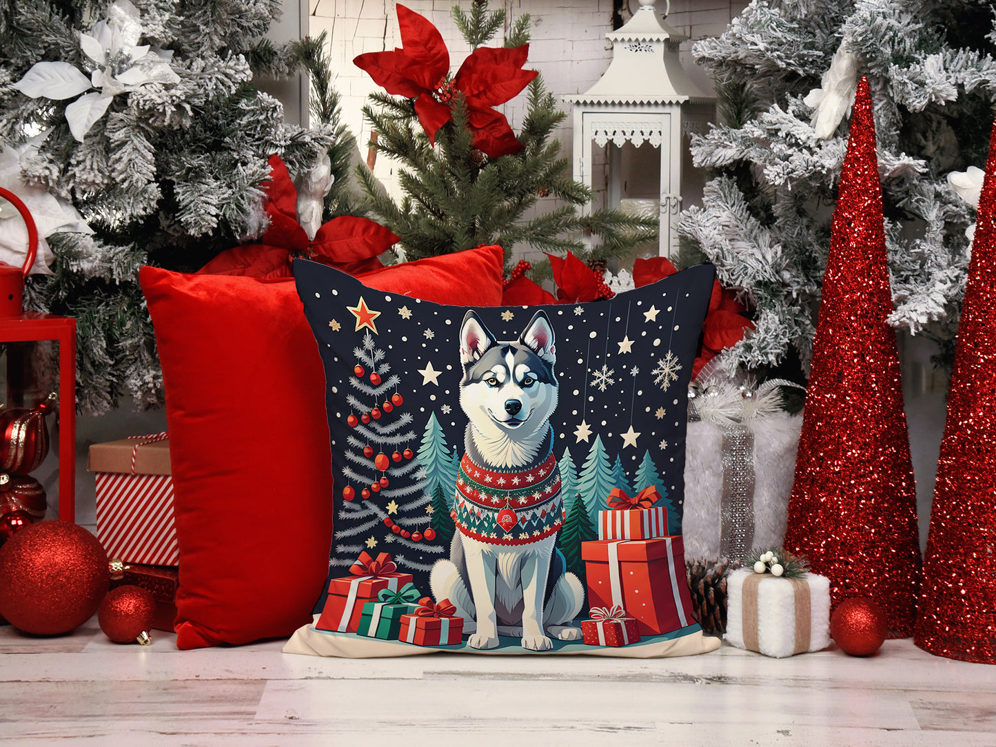 Siberian Husky Christmas Throw Pillow