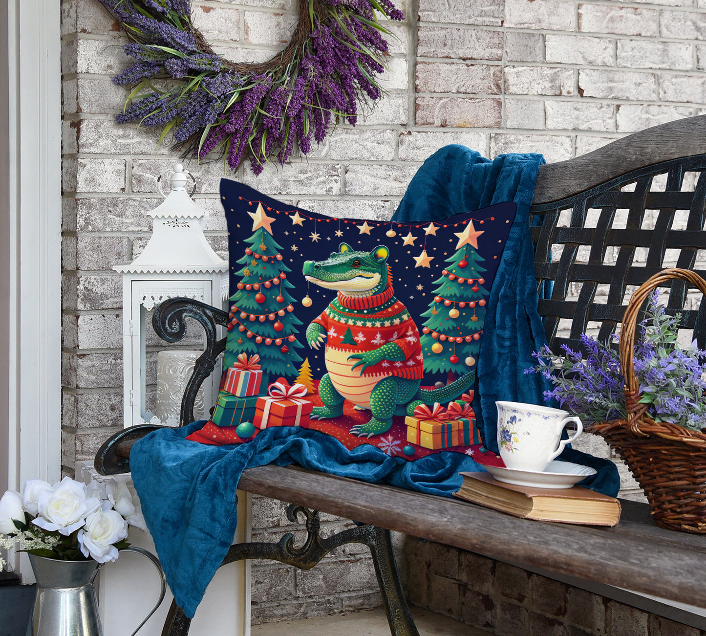 Alligator Christmas Throw Pillow