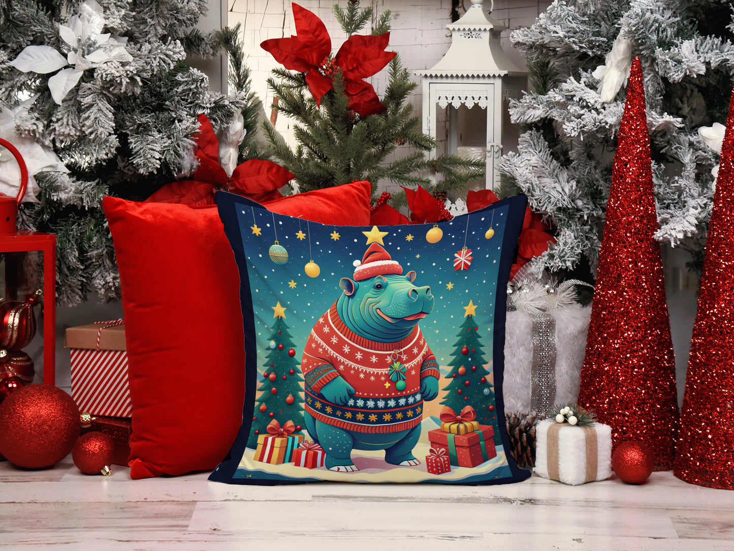 Hippopotamus Christmas Throw Pillow