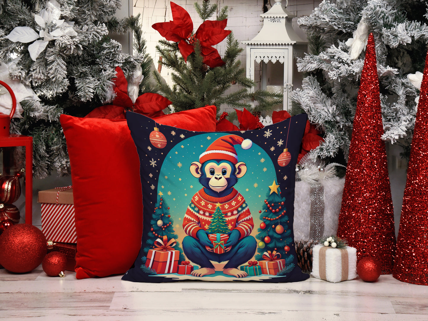 Monkey Christmas Throw Pillow