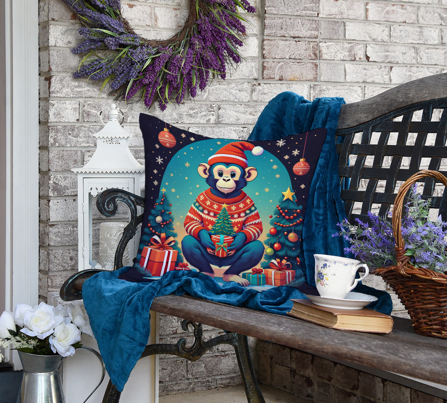 Monkey Christmas Throw Pillow