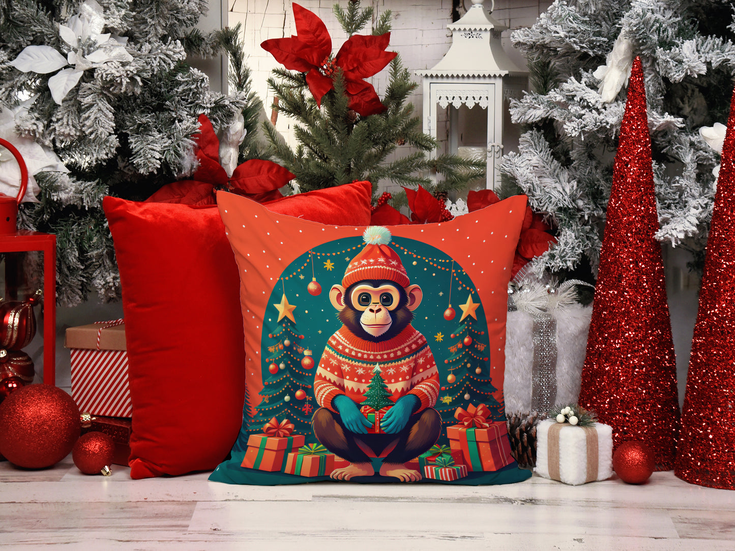 Monkey Christmas Throw Pillow