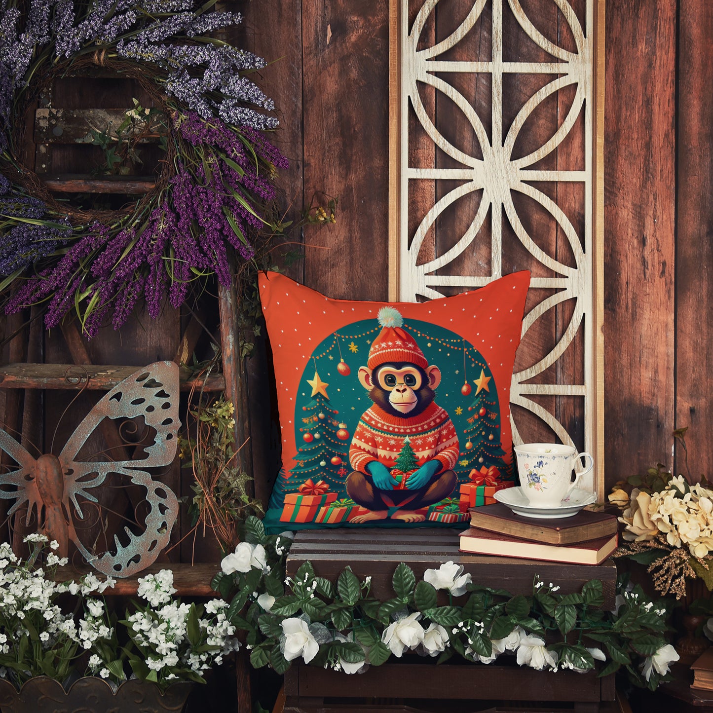 Monkey Christmas Throw Pillow