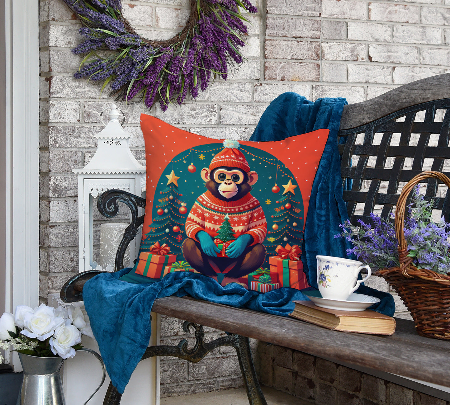 Monkey Christmas Throw Pillow