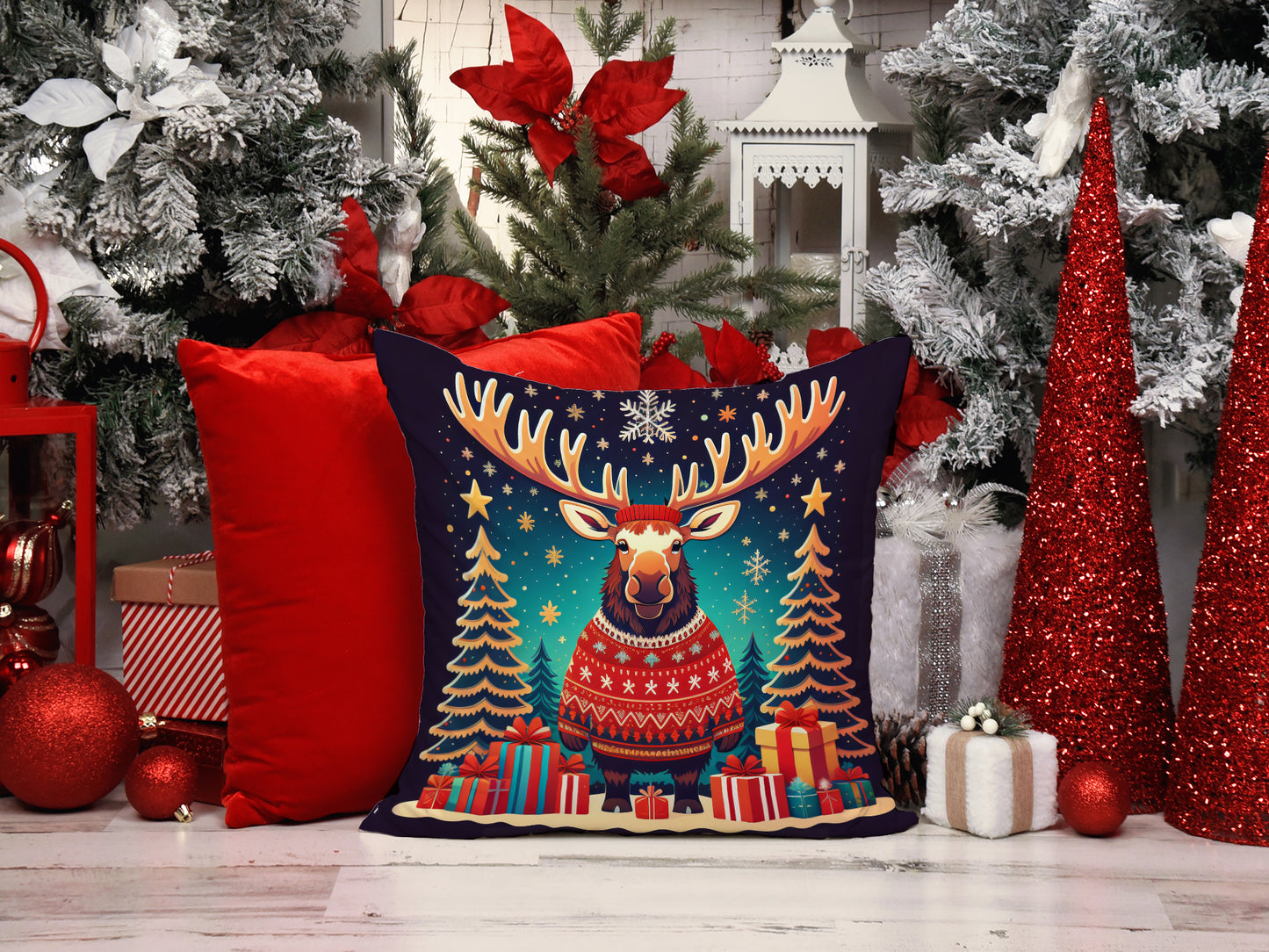 Moose Christmas Throw Pillow