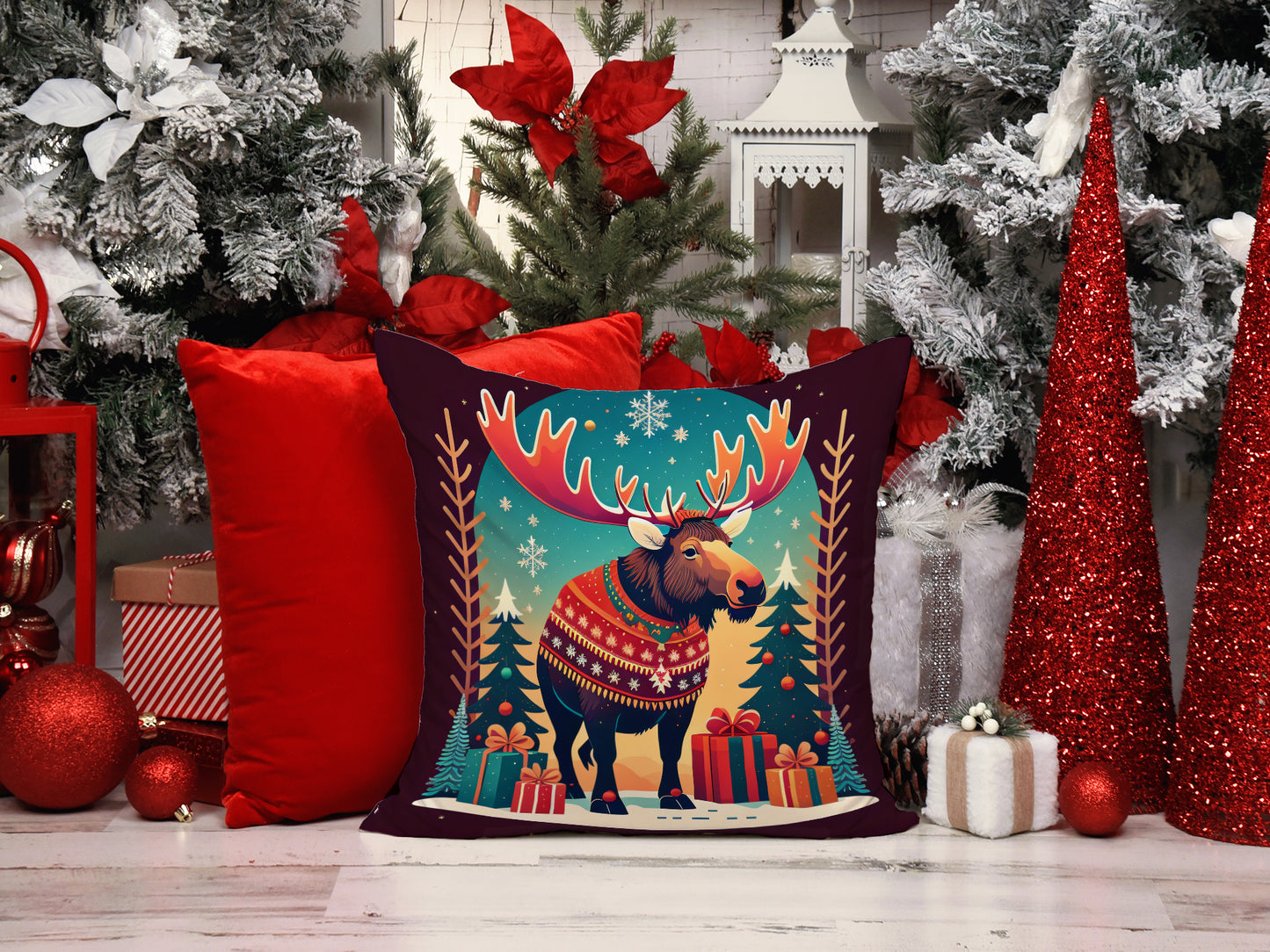 Moose Christmas Throw Pillow