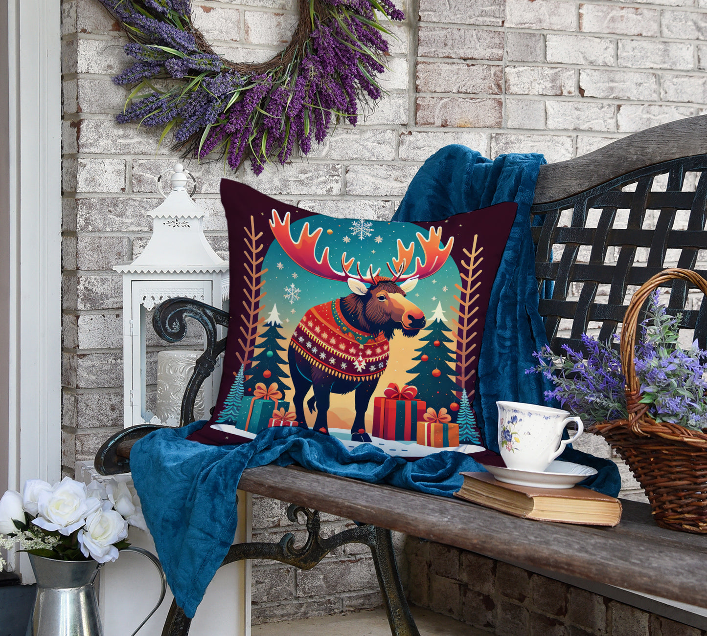 Moose Christmas Throw Pillow