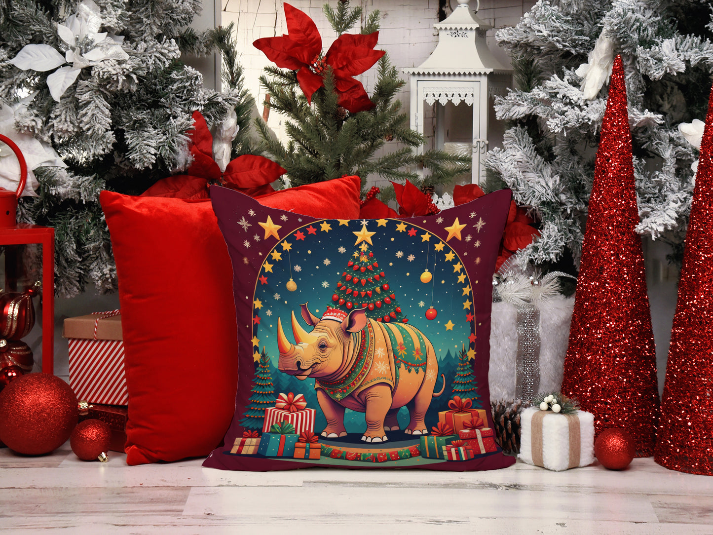 Rhinoceros Christmas Throw Pillow