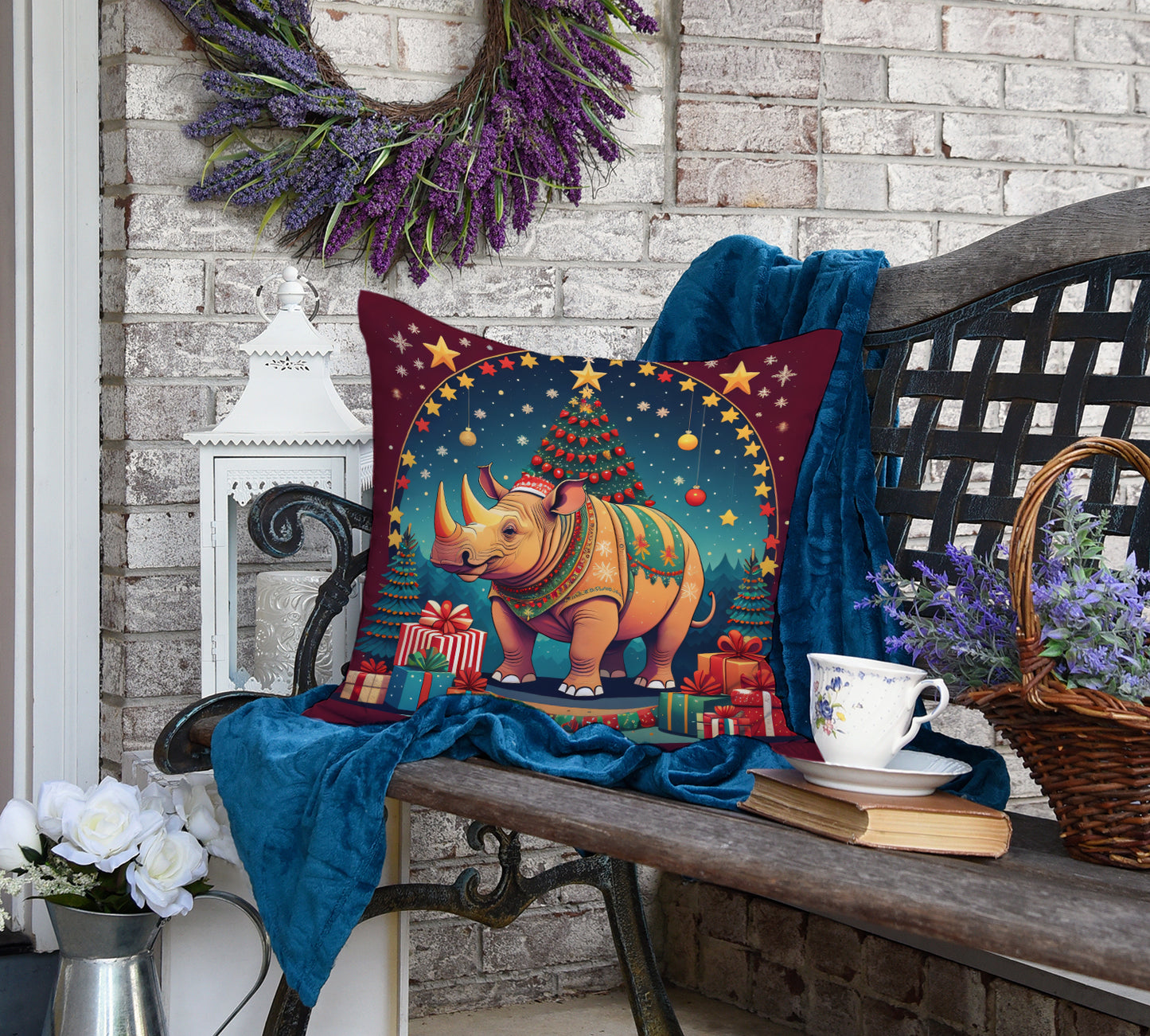 Rhinoceros Christmas Throw Pillow