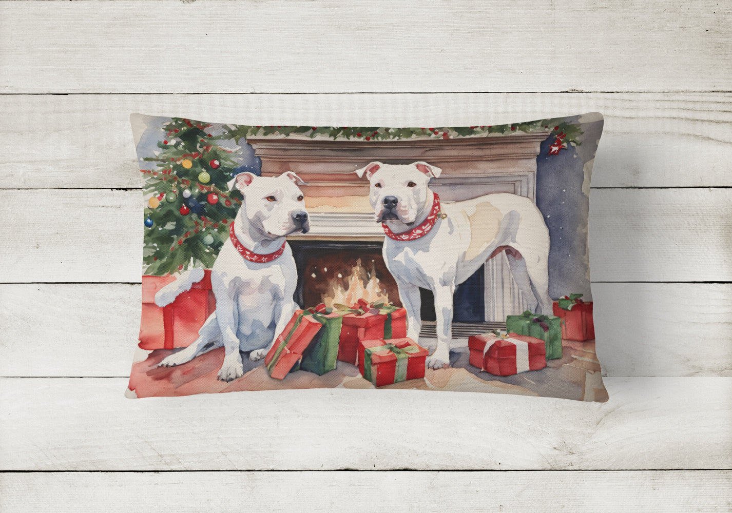 White Pit Bull Terrier Christmas Throw Pillow