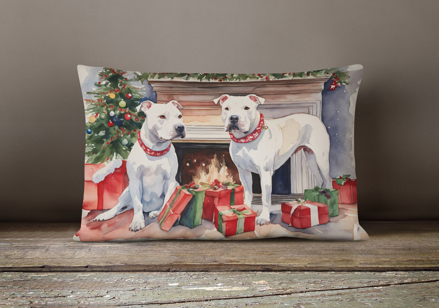 White Pit Bull Terrier Christmas Throw Pillow