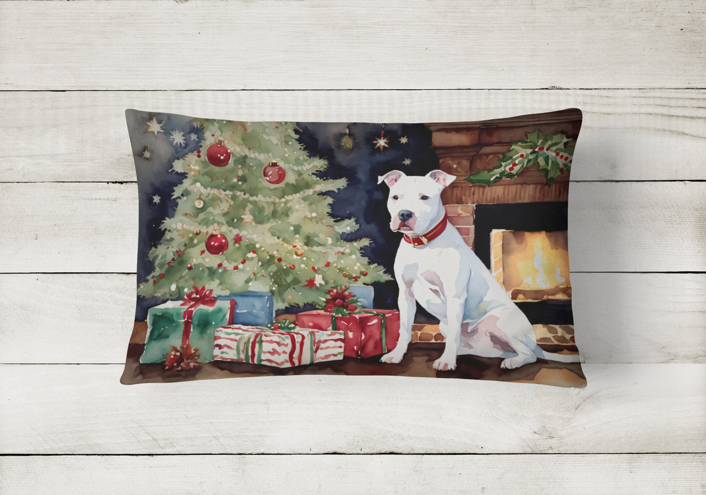 White Pit Bull Terrier Christmas Throw Pillow